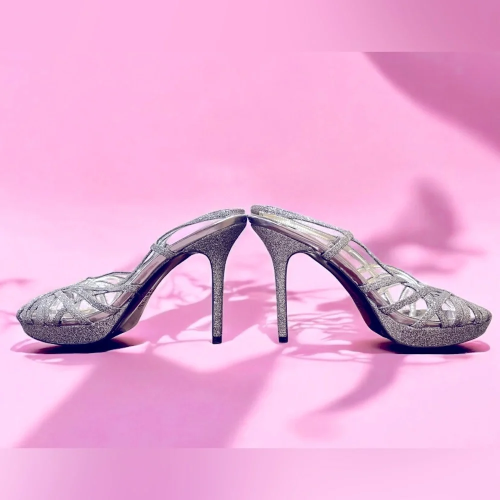 Nina New York Silver Stiletto Platform Slingback Heels Size 9 M‎